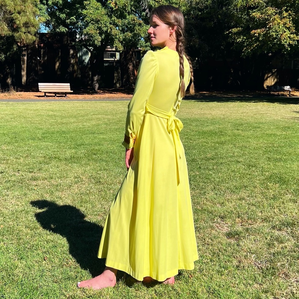 1970s Buttercup Poly & Velveteen Maxi Dress - Picture 3 of 8